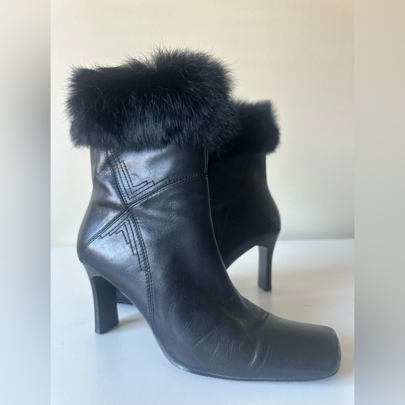 Vintage Karen Scott Black Leather Fur Ankle Square Toe Boots 7.5 - Picture 5 of 8